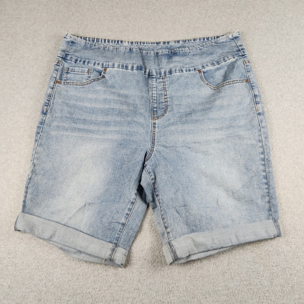 Terra & Sky Bermuda Shorts Women 1X Blue Denim Cotton Comfort Cuffed Hem Pull On